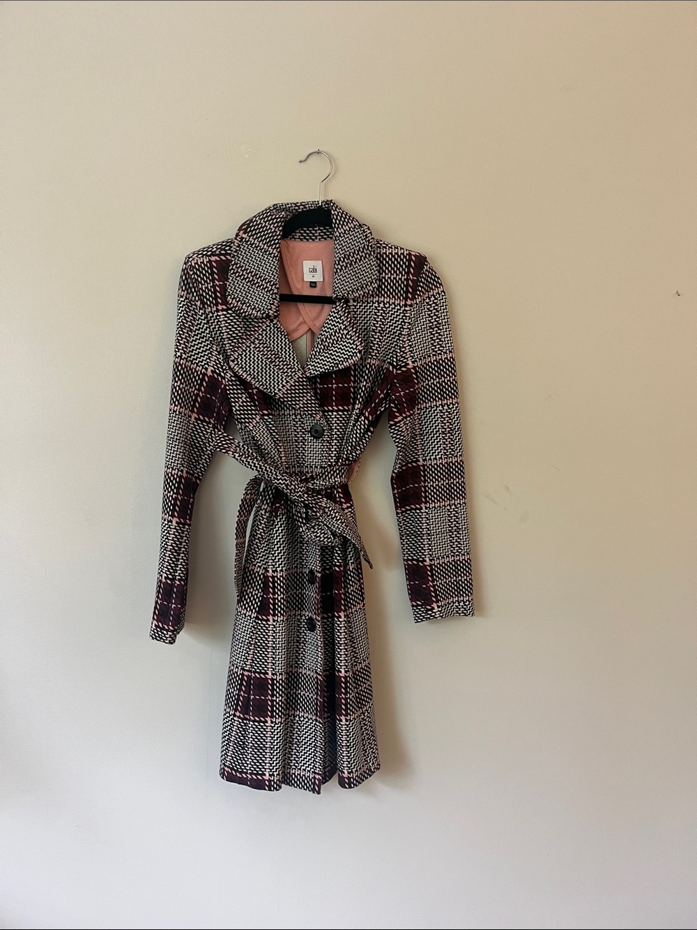 CABI Black & White, Burgundy Plaid Belted Trench Coat